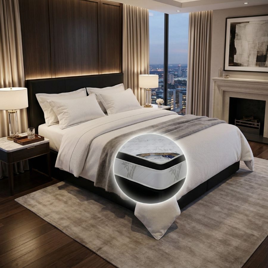 Bamboo No Flip mattress with Eurotop and black suede base, Johannesburg Discount Beds, available in all sizes.